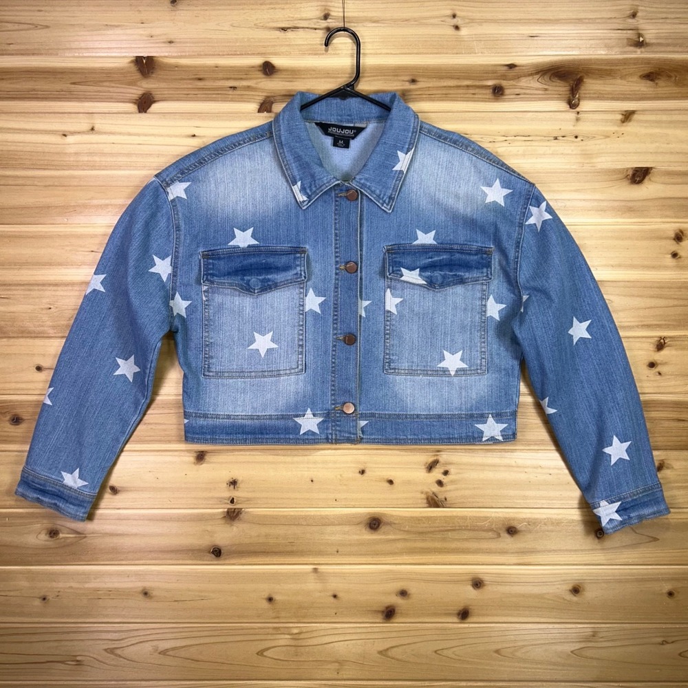 Forever 21 Joujou Jean Jacket Womens Medium Star Crop Top Denim Blue Jean Jacket